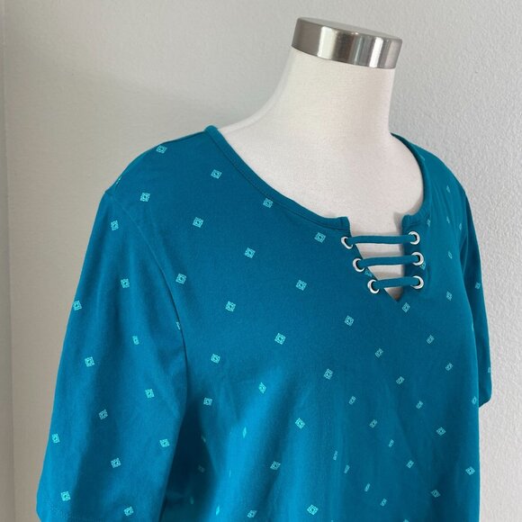 Catherines Womens Plus 2X 22/24W Suprema Collection Teal Lace Up Neck Tunic Top - Picture 2 of 8